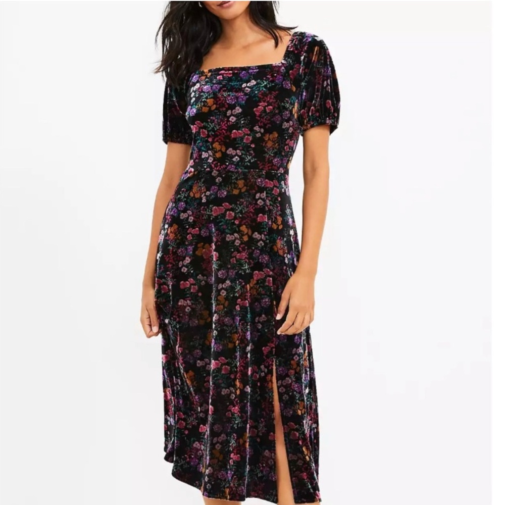 Loft Floral Velvet Square Neck Midi Dress size 2